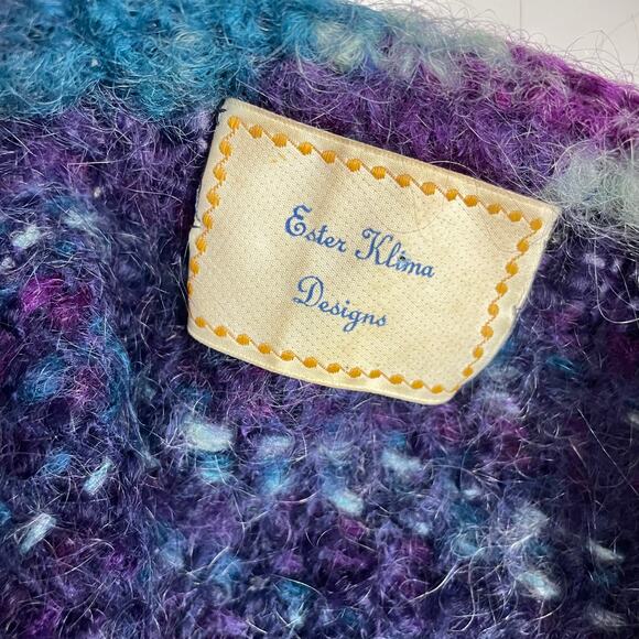 Vintage Handmade Wool Mohair Fuzzy Wide Sleeve Short Sweater Top Blue Purple - Picture 9 of 9